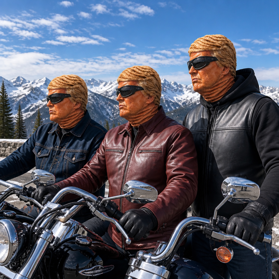 Three riders on their bikes wearing matching masks