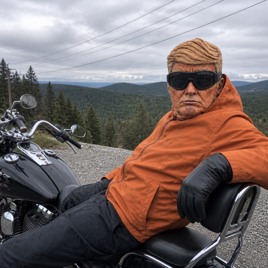 Rider leaning back on a parked cruiser wearing the mask