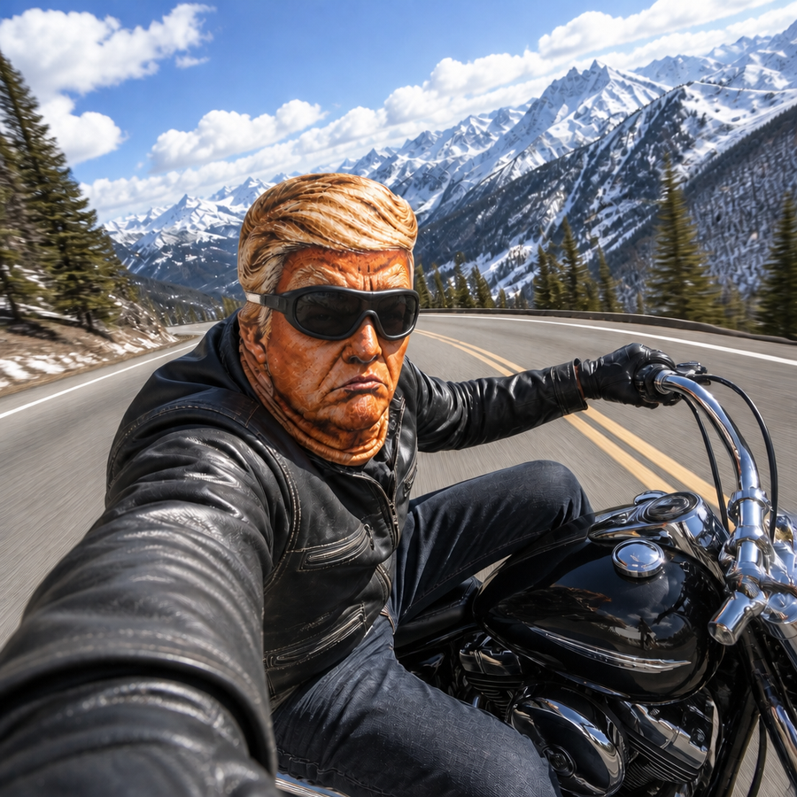 Rider wearing the MAGAMasks Riding Mask on a mountain highway